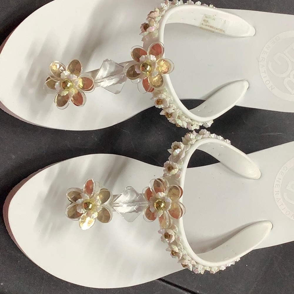BCBG Generation Embellished Foam Wedge Flip Flop Sandals in White